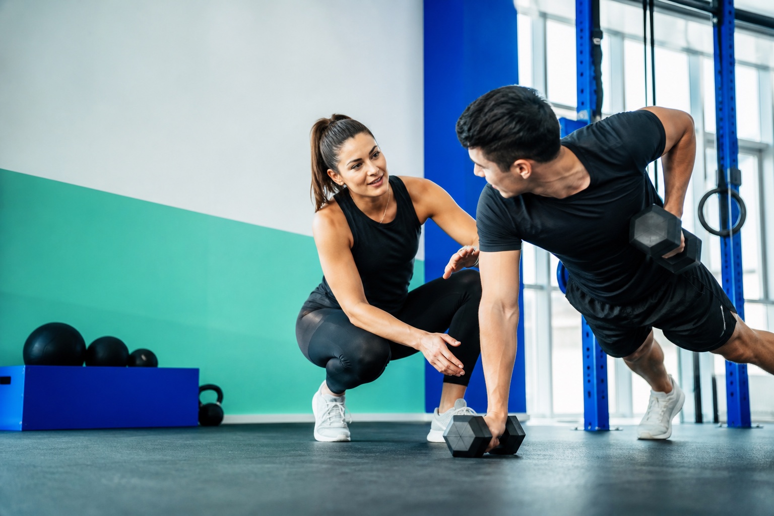 A personal trainer coaching a client through a strength exercise