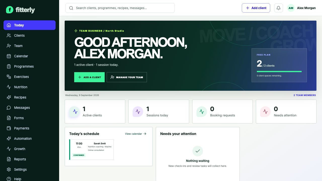 The Fitterly professional Today workspace showing clients, bookings and daily business activity