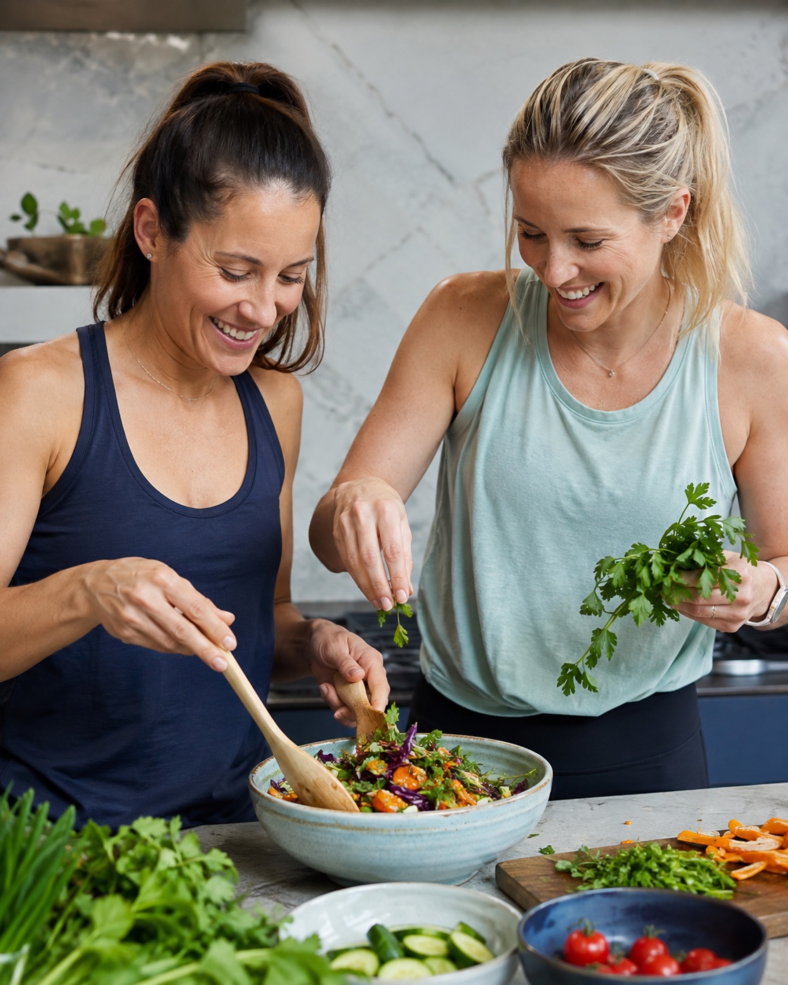A nutrition professional preparing a healthy meal with a client